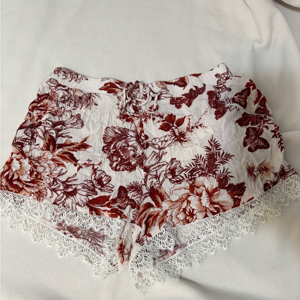 Floral Lace Trim Lounge Shorts - White & Burgundy
